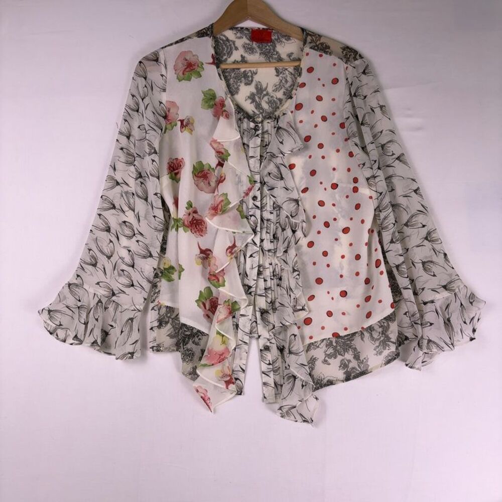 V Cristina Floral Patchwork Ruffle Blouse Boho Whimsigoth Sheer Button Down Top
